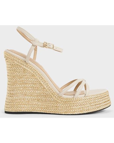 Charles & Keith Leather Strappy Espadrille Wedges - Natural