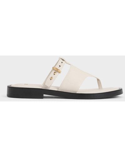 Charles & Keith Leather Asymmetric Thong Sandals - White