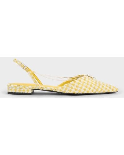 Charles & Keith Houndstooth Flower-accent Chain-link Slingback Flats - Metallic