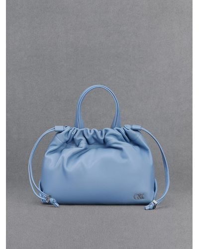 Charles & Keith Leather Ruched Drawstring Bag - Blue