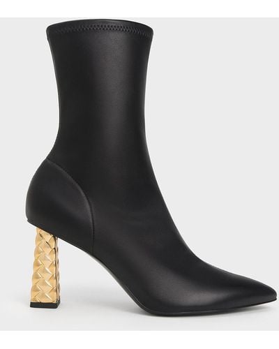 Charles & Keith Pointed-toe Quilted Heel Ankle Boots - Black