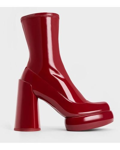 Charles & Keith Darcy Patent Platform Ankle Boots - Red