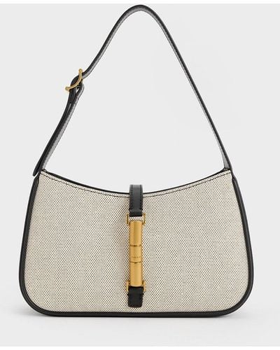 Charles & Keith Cesia Canvas Metallic Accent Shoulder Bag - Natural