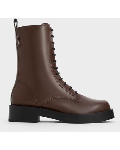 Charles & Keith Lace-up Calf Boots - Brown