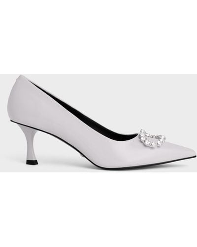 Charles & Keith Gem-embellished Patent Leather Court Shoes - White