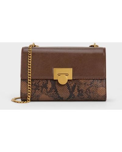 Charles & Keith Snake Print Chain-strap Bag - Brown