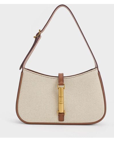 Charles & Keith Cesia Canvas Metallic Accent Shoulder Bag - Natural