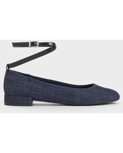 Charles & Keith Denim Ankle-strap Ballet Flats - Blue