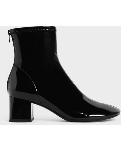 Charles & Keith Patent Block Heel Ankle Boots - Black