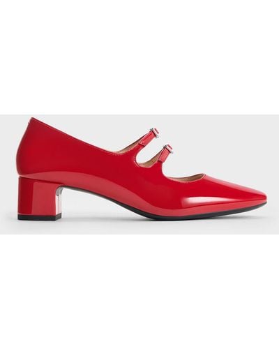 Charles & Keith Double Crystal-buckle Mary Jane Pumps - Red