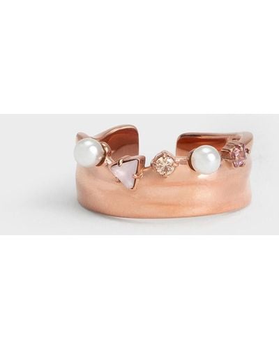 Charles & Keith Pearl & Crystal-embellished Wide-band Ring - White