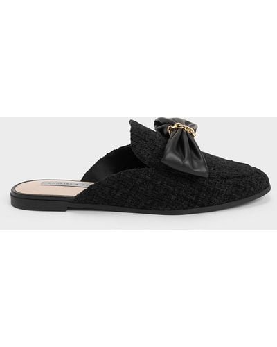 Charles & Keith Tweed Chain-link Bow Loafer Mules - Black