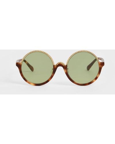 Charles & Keith Tortoiseshell Half Frame Embellished Round Sunglasses - Multicolor