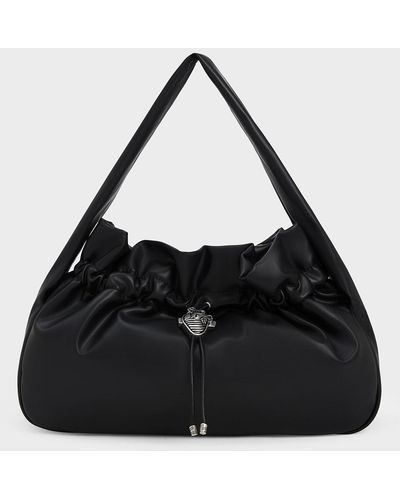 Charles & Keith Illustrated Heart Charm Ruched Hobo Bag - Black