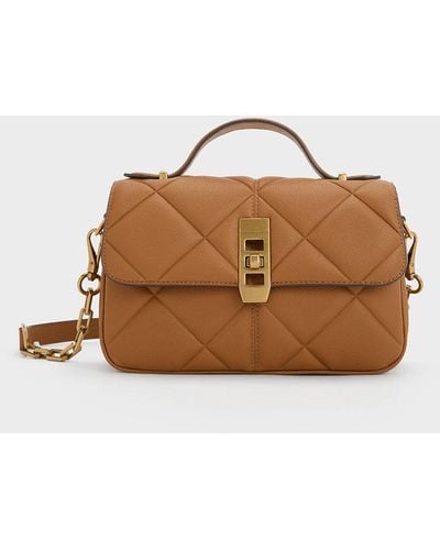 Charles & Keith Anwen Quilted Top Handle Bag - Brown
