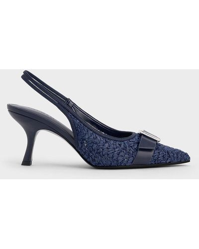 Charles & Keith Raffia Buckled Pointed-toe Slingback Court Shoes - Blue