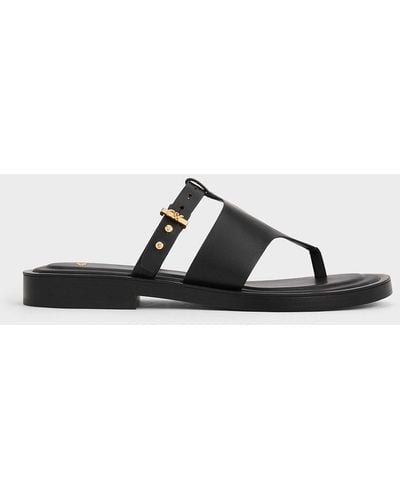 Charles & Keith Leather Asymmetric Thong Sandals - Black