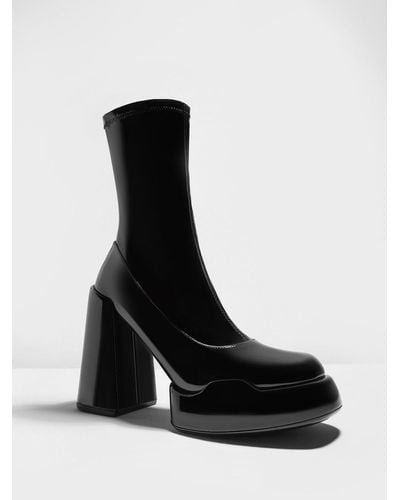 Charles & Keith Lula Patent Block Heel Boots - Black