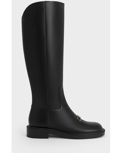 Brown Gabine Leather Knee-High Boots - CHARLES & KEITH US