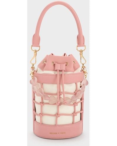 Charles & Keith Heart Motif Caged Bucket Bag - Pink