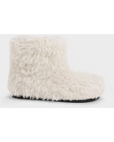 Charles & Keith Furry Ankle Boots - Natural