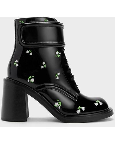 Charles & Keith Rosalie Leather Floral Ankle Boots - Black