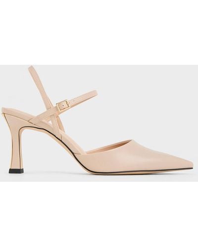 Charles & Keith Pointed-toe Flared Heel Court Shoes - Natural