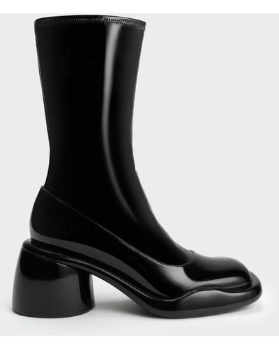 Charles & Keith Lula Patent Chunky Heel Calf Boots - Black