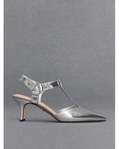 Charles & Keith Leather Metallic Buckled T-bar Court Shoes - Grey
