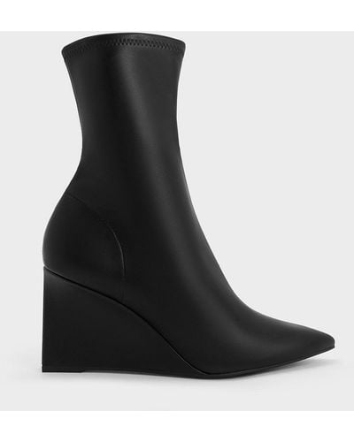 Charles & Keith Pointed-toe Wedge Ankle Boots - Black