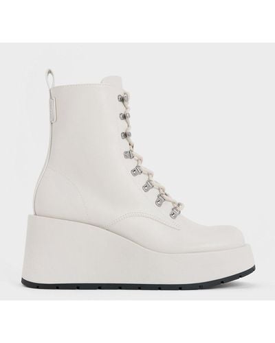 Charles & Keith Lace-up Platform Wedge Ankle Boots - White