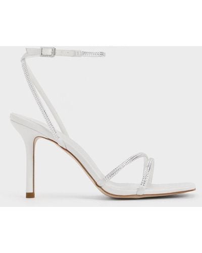 Charles & Keith Satin Crystal-embellished Stiletto-heel Sandals - White
