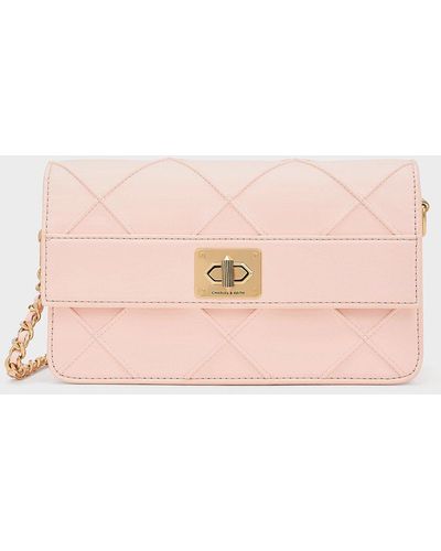 Charles & Keith Eleni Quilted Crossbody Bag - Pink
