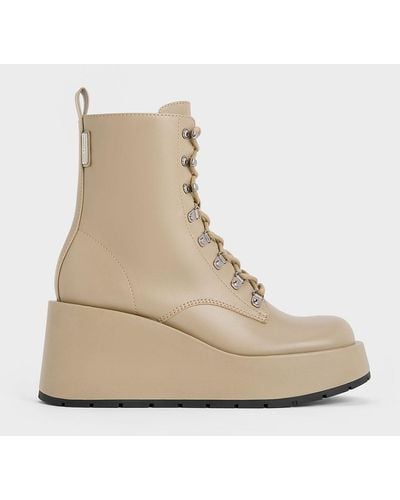 Charles & Keith Lace-up Platform Wedge Ankle Boots - Natural