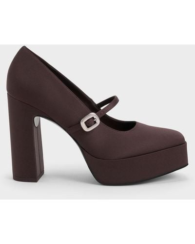 Charles & Keith Satin Platform Mary Jane Court Shoes - Brown