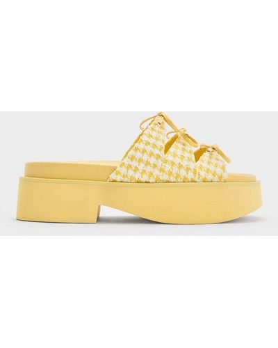 Charles & Keith Dorri Houndstooth Triple-bow Platform Sandals - Yellow