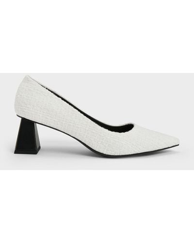 Charles & Keith Tweed Trapeze Kitten Heel Court Shoes - White