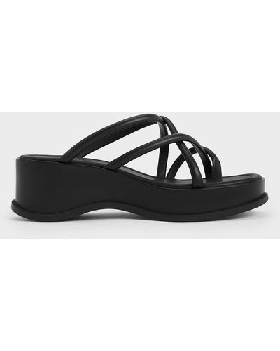 Charles & Keith Strappy Tubular Wedge Sandals - Black