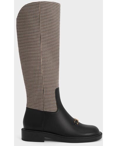 Charles & Keith Gabine Leather Chequered Knee-high Boots - Multicolour