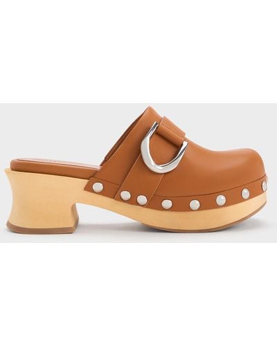 Charles & Keith Gabine Studded Leather Clogs - Brown