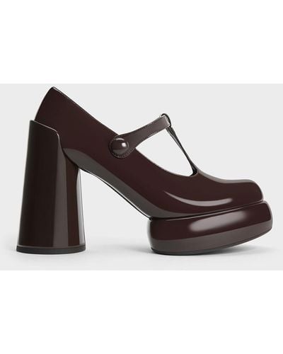 Charles & Keith Darcy Patent T-bar Platform Mary Janes - Brown
