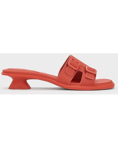 Charles & Keith Double Buckle Sculptural Mules - Red