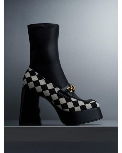 Charles & Keith Checkered Metallic Accent Platform Ankle Boots - Black