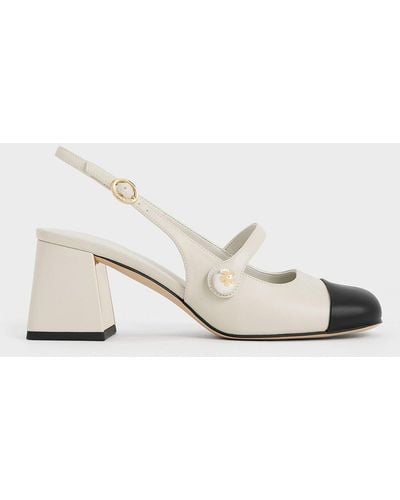 Charles & Keith Pearl Embellished Trapeze-heel Slingback Pumps - Natural