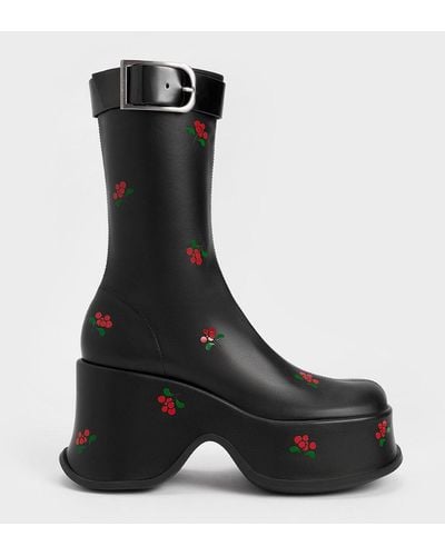 Charles & Keith Carlisle Floral Platform Boots - Black