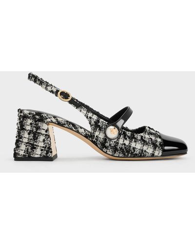 Charles & Keith Tweed Pearl Embellished Trapeze-heel Slingback Court Shoes - Multicolour