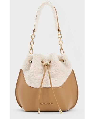 Charles & Keith Cassiopeia Furry Bucket Bag - Natural