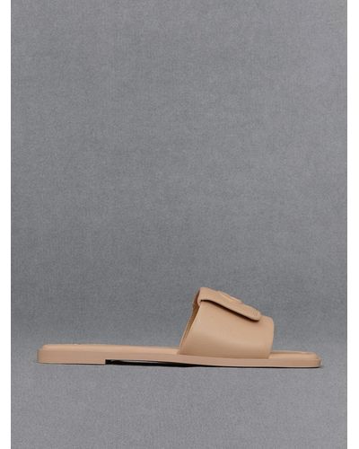Charles & Keith Leather Slide Sandals - Natural