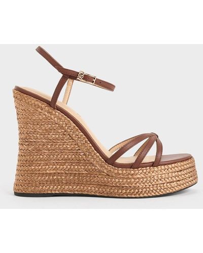 Charles & Keith Leather Strappy Espadrille Wedges - Brown