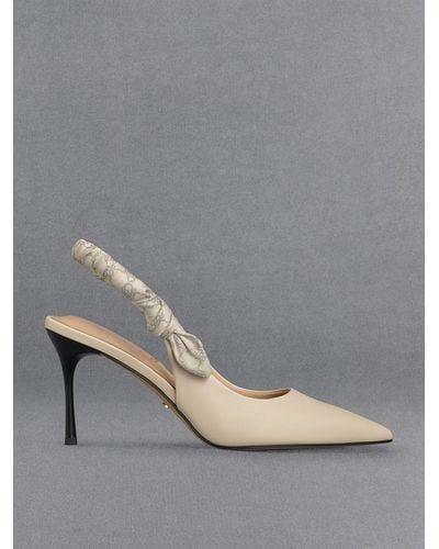Charles & Keith Leather Ruched Print Slingback Court Shoes - Natural
